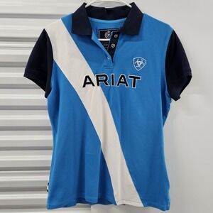 Ariat Polo Shirt Women's XL Blue White Short Sleeve Equestrian Western Logo